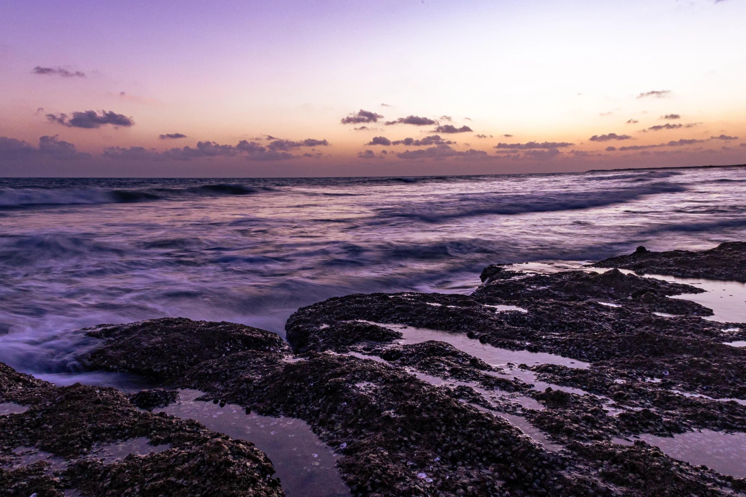 Mandvi coastline dramatic purple twilight sunset over rocky shore