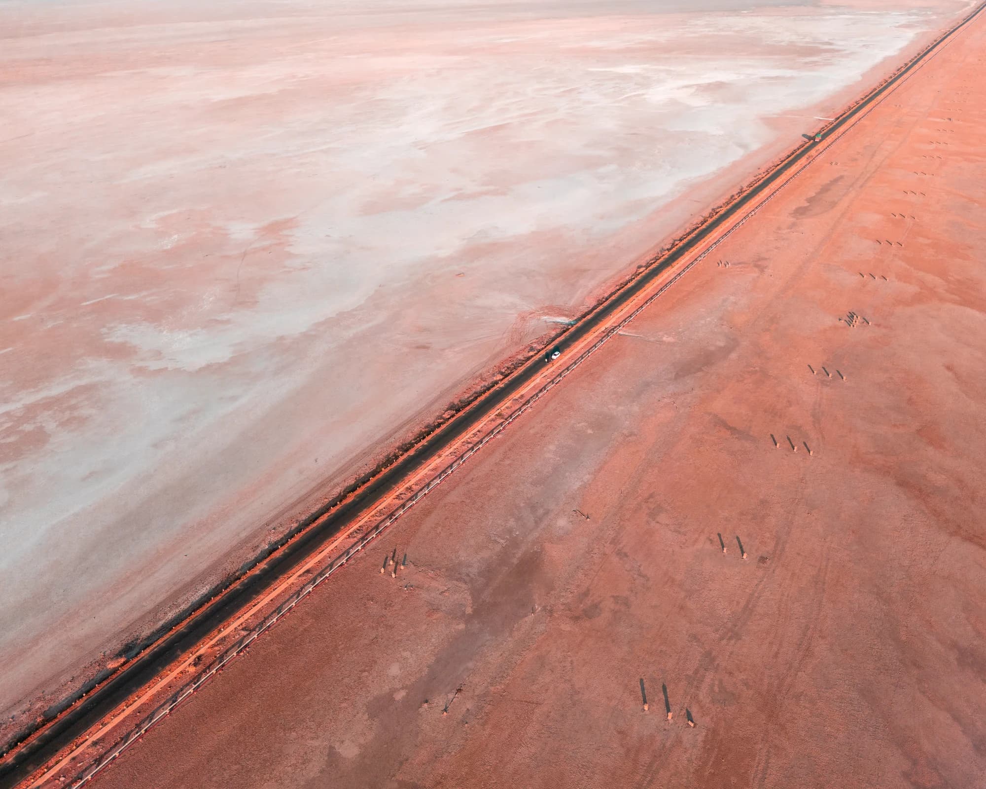 Road to Heaven Kutch diagonal aerial view through orange salt terrain