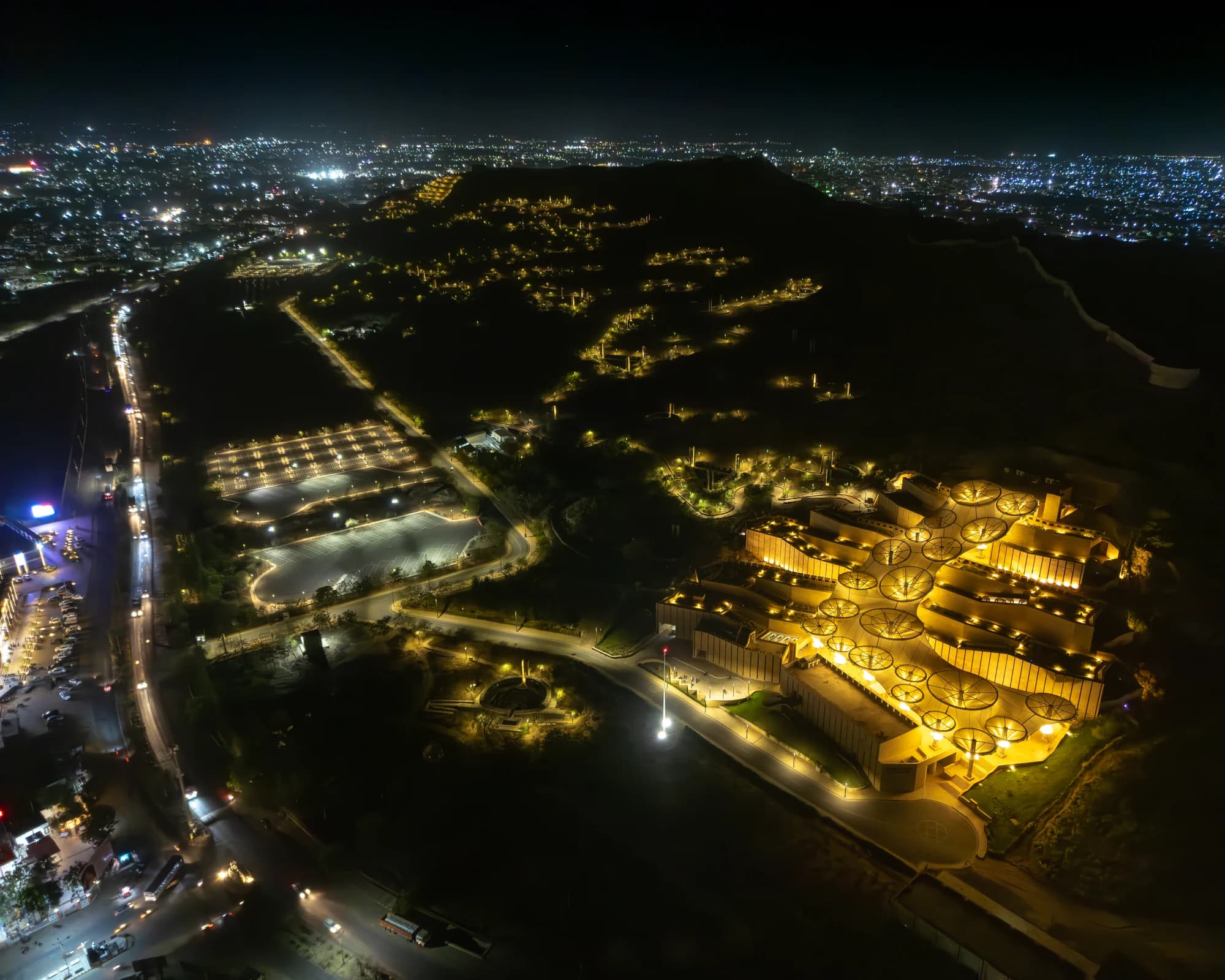 Smritivan Earthquake Memorial Museum Bhuj aerial view at night