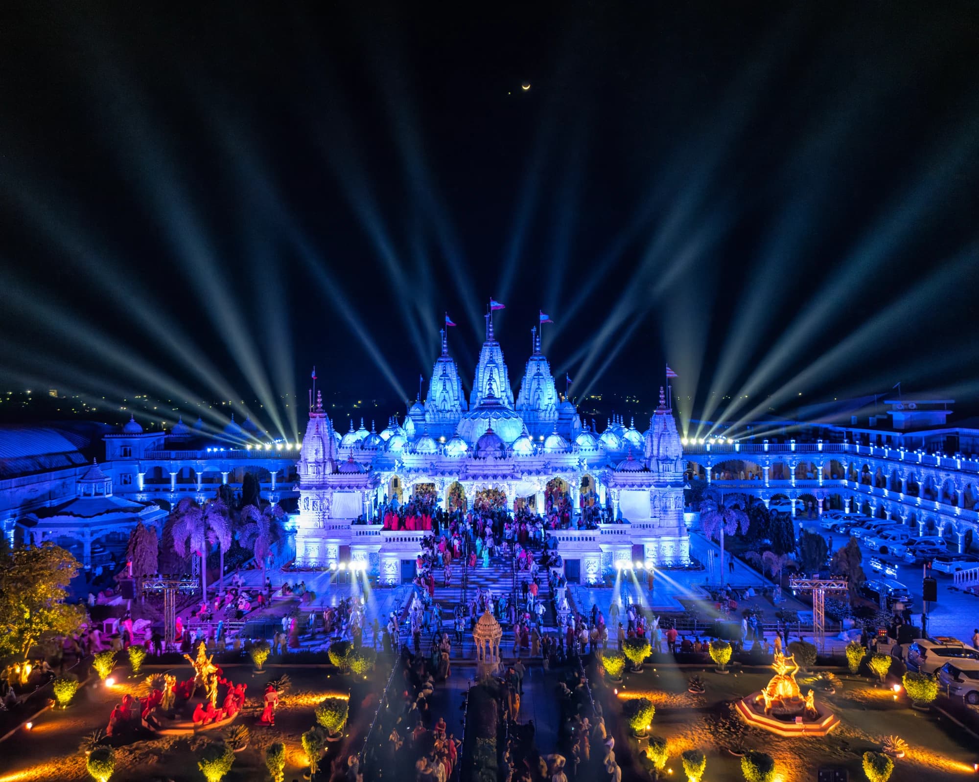 Swaminarayan Temple Bhuj dramatically lit at night with light rays